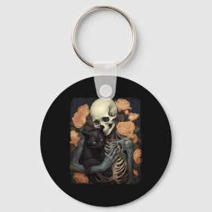 Antieke Skelet met een Zwarte Kat Halloween Krijgt Sleutelhanger