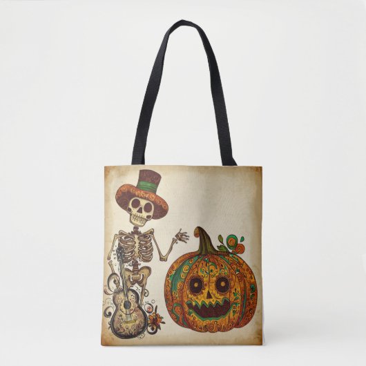 Antieke Skelet/Pompoen Dag van de Doden Tote Bag (Voorkant)