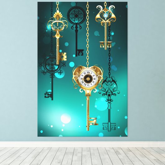 Antieke skelet sleutels op groene achtergrond canvas afdruk (Insitu (Houten vloer))