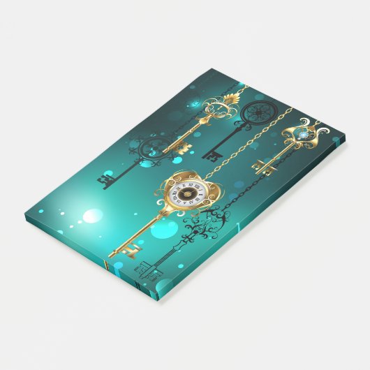 Antieke skelet sleutels op groene achtergrond post-it® notes (Schuin)