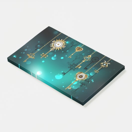 Antieke skelet sleutels op groene achtergrond post-it® notes (Schuin)