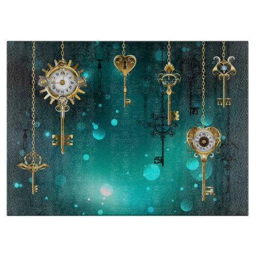 Antieke skelet sleutels op groene achtergrond snijplank (Voorkant)