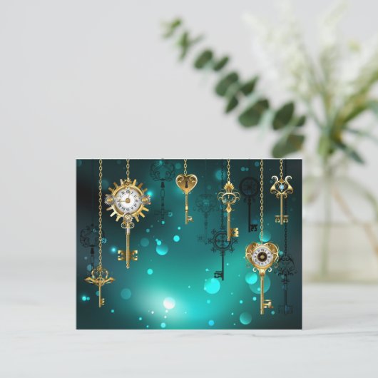 Antieke skeletsleutels op groene achtergrond advieskaart (Staand voorkant)