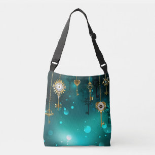 Antieke skeletsleutels op groene achtergrond crossbody tas