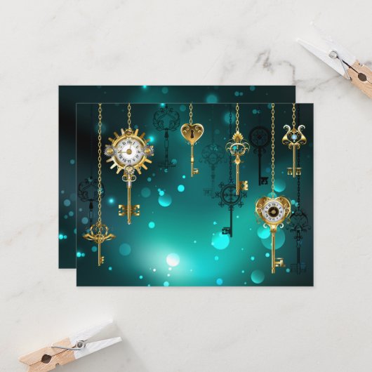 Antieke skeletsleutels op groene achtergrond kaart (Voorkant / Achterkant in situ)