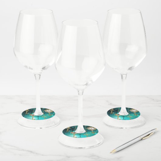 Antieke skeletsleutels op groene achtergrond wijnglaslabel (Set)