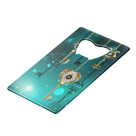 Antieke skelettoetsen op groene achtergrond creditkaart flessenopener (Voorkant Gekanteld)