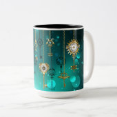 Antieke skelettoetsen op groene achtergrond tweekleurige koffiemok (Voorkant rechts)