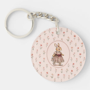 Antieke Sleutelhanger Konijn Meisje met Bloemen