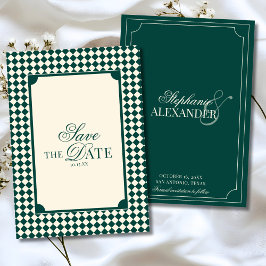Antieke smaragdgroene geruite old money trouwjurk save the date