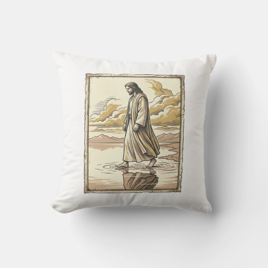 Antieke spirituele waterwandelinggravure kussen (Voorkant)