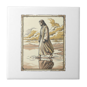 Antieke spirituele waterwandelinggravure tegeltje