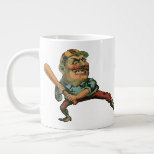 Antieke sport, boze honkbalspeler slagman grote koffiekop