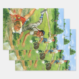 Antieke sport honkbal, kinderen teams spelend inpakpapier vel