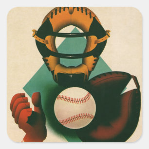 Antieke sport honkbalspeler, catcher met handschoe vierkante sticker