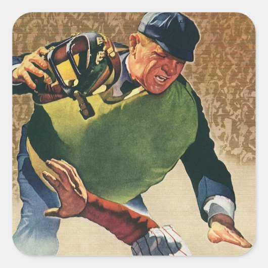 Antieke sport honkbalspeler, de scheidsrechter vierkante sticker (Voorkant)