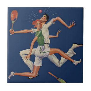 Antieke sport, tennisspelers botsen met rackets tegeltje