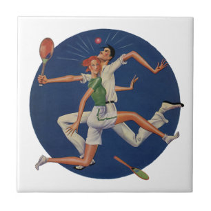 Antieke sport, tennisspelers botsen met rackets tegeltje