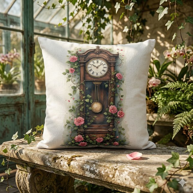 Antieke staande klok Ivy Rose Kussen (Vintage Ivy Rose Grandfather Clock Throw Pillow Mockup A)