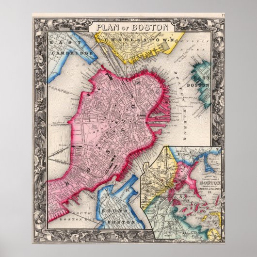 Antieke stadsplattegrond van Boston 1860 Poster (Voorkant)