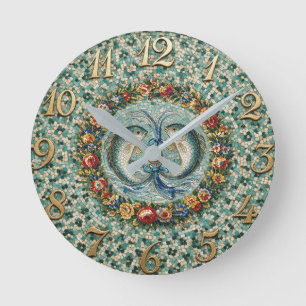 Antieke stijl bloem mozaïek Zodiac Vissen Ronde Klok