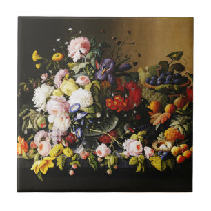 Antieke Stilleven met Bloemen en Fruit van Severin Tegeltje