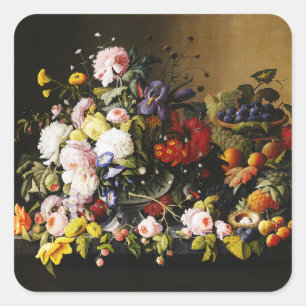 Antieke stilleven met bloemen en fruit van Severin Vierkante Sticker
