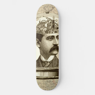 Antieke stoampunk klokwerk brein, snor man persoonlijk skateboard