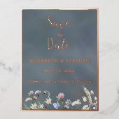 Antieke Stofblauwe Bloemige Folie Save The Date Ka Folie Feestdagen Briefkaart (Voorkant)
