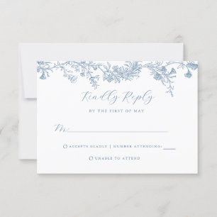 Antieke stoffige blauwe bloemen bruiloft RSVP kaar Kaartje