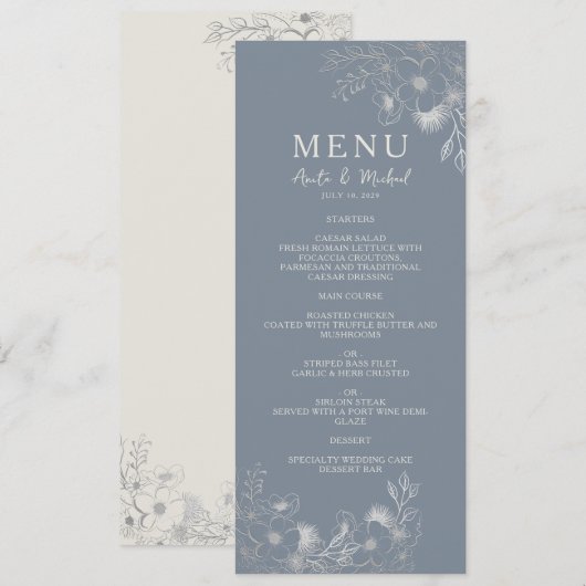 Antieke stoffige blauwe huwelijksmenu menu (Voorkant / Achterkant)