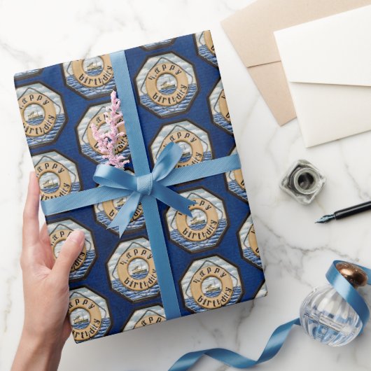 Antieke stoomschip met reddingsring verjaardag cadeaupapier (Geschenken)