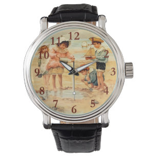 Antieke Strand Jongen Meisje Kinderen Fijne Kunst Horloge