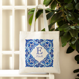 Antieke Talavera Azulejo blauwe tegel met monogram Tote Bag