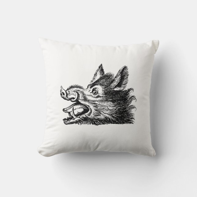 Antieke tekening van een wild zwijnenhoofd zwart-w kussen (Voorkant)