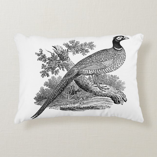 Antieke tekening van fazant, jachtvogel, zwart-wit decoratief kussen (Voorkant)