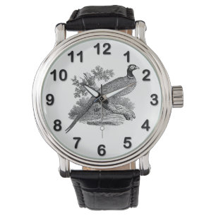 Antieke tekening van fazant jachtvogel zwart-wit horloge