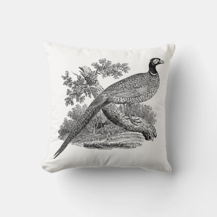 Antieke tekening van fazant, jachtvogel, zwart-wit kussen