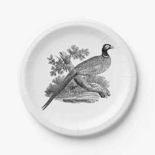 Antieke tekening van fazant jachtvogel zwart-wit papieren bordje