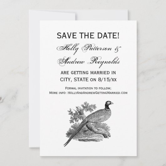 Antieke tekening van fazant jachtvogel zwart-wit save the date (Voorkant)
