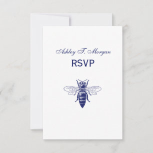 Antieke tekening van Koningin bij in blauw RSVP Kaartje