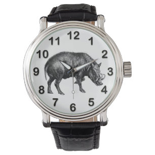 Antieke tekening van wild zwijn BW Horloge