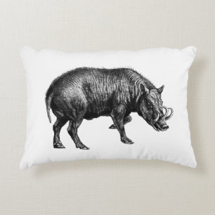 Antieke tekening van wild zwijn zwart-wit decoratief kussen