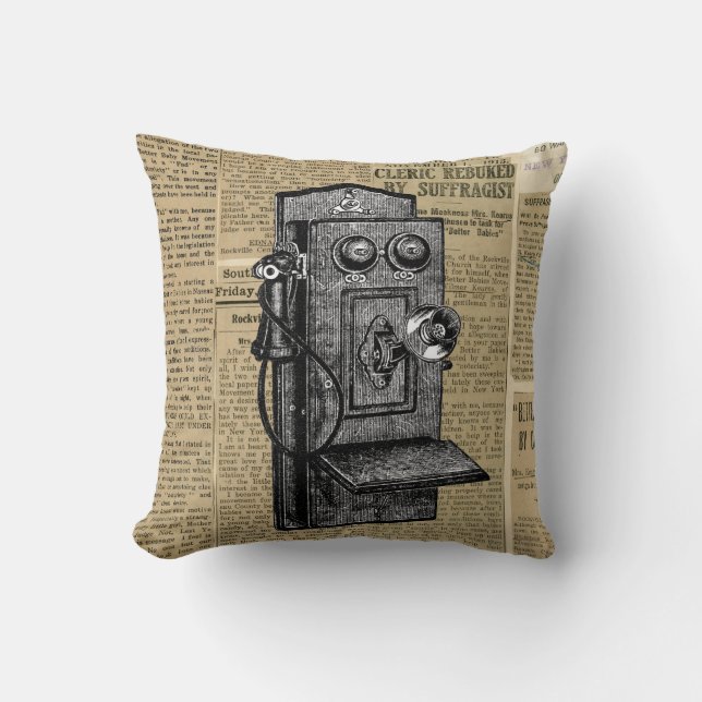 Antieke telefoon op vintage krantenpapier kussen (Voorkant)