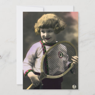 Antieke tennis sport, gelukkig meisje met racket