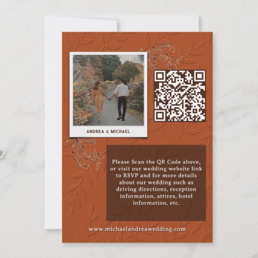Antieke Terracotta Roest QR Code Foto Boho Bruilof Kaart (Achterkant)