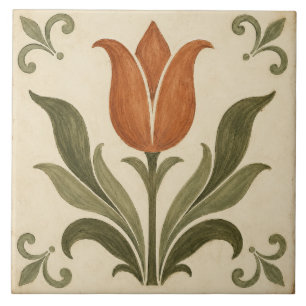 Antieke Terracotta Tulp Volkskunst Botanisch Tegeltje