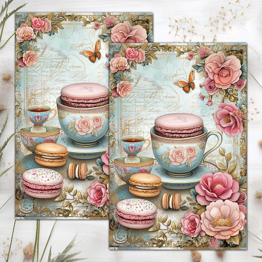 ANTIEKE THEEKOP EN MACARONS DECOUPAGE TISSUEPAPIER