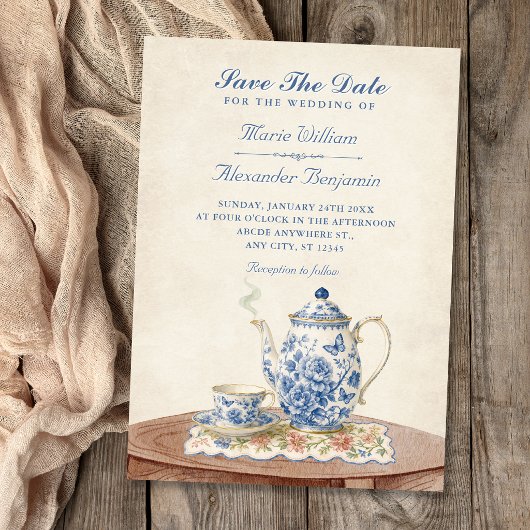 Antieke theepot bruiloft save the date