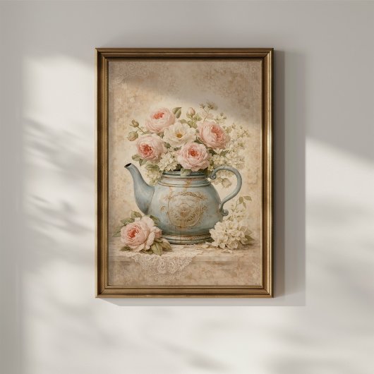 Antieke Theepot met Rozen Poster